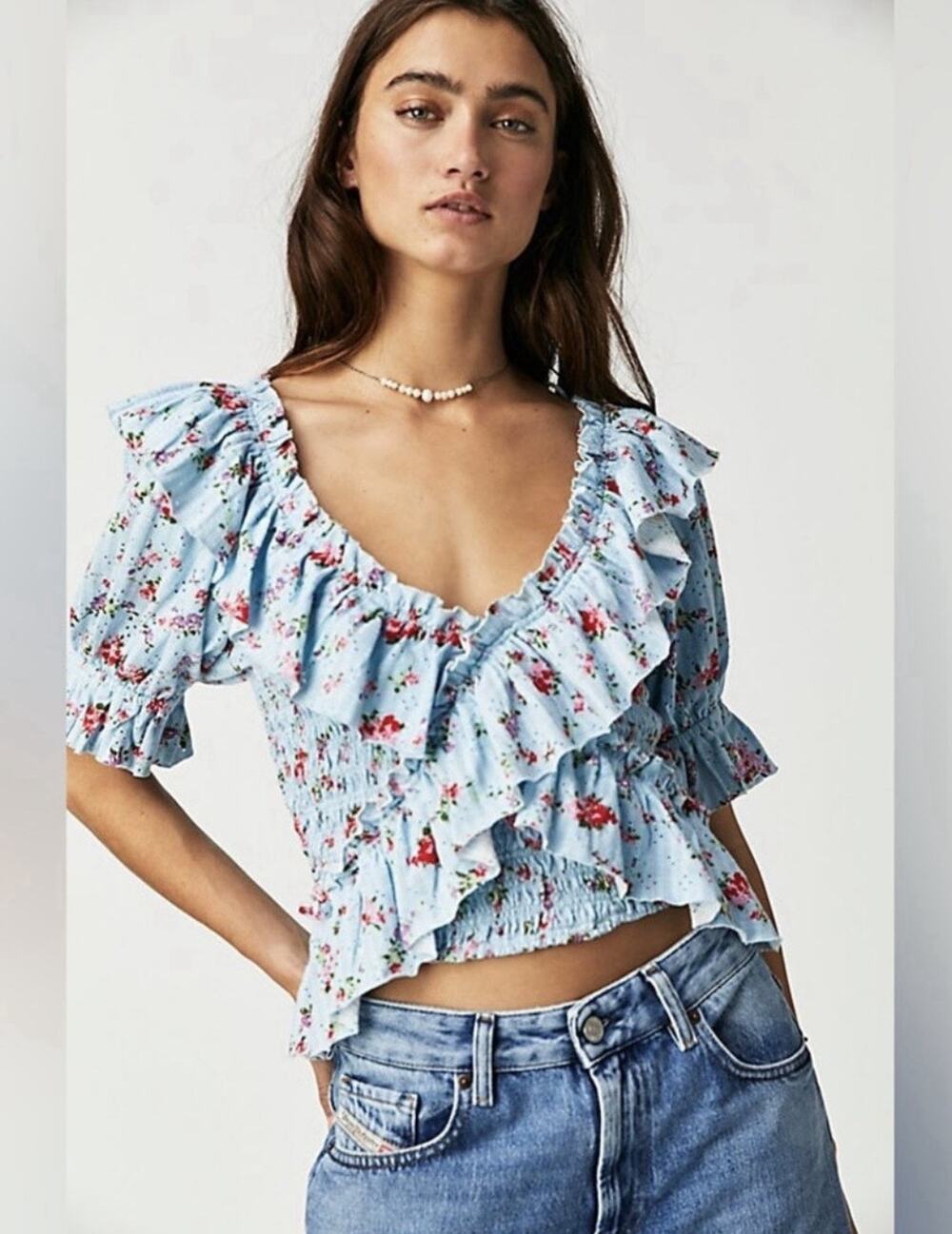 Free People Favorite Girl Ruffle Top Cottage Core Floral Smocked Boho Medium
